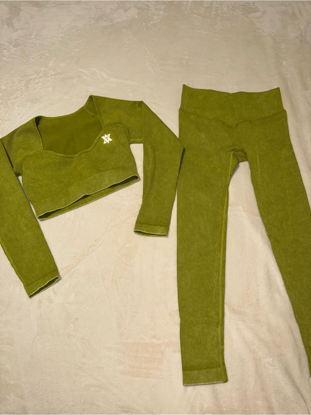 Ribbed Olive Green High-Waist Leggings & Mstching Top Women's Activewear SET